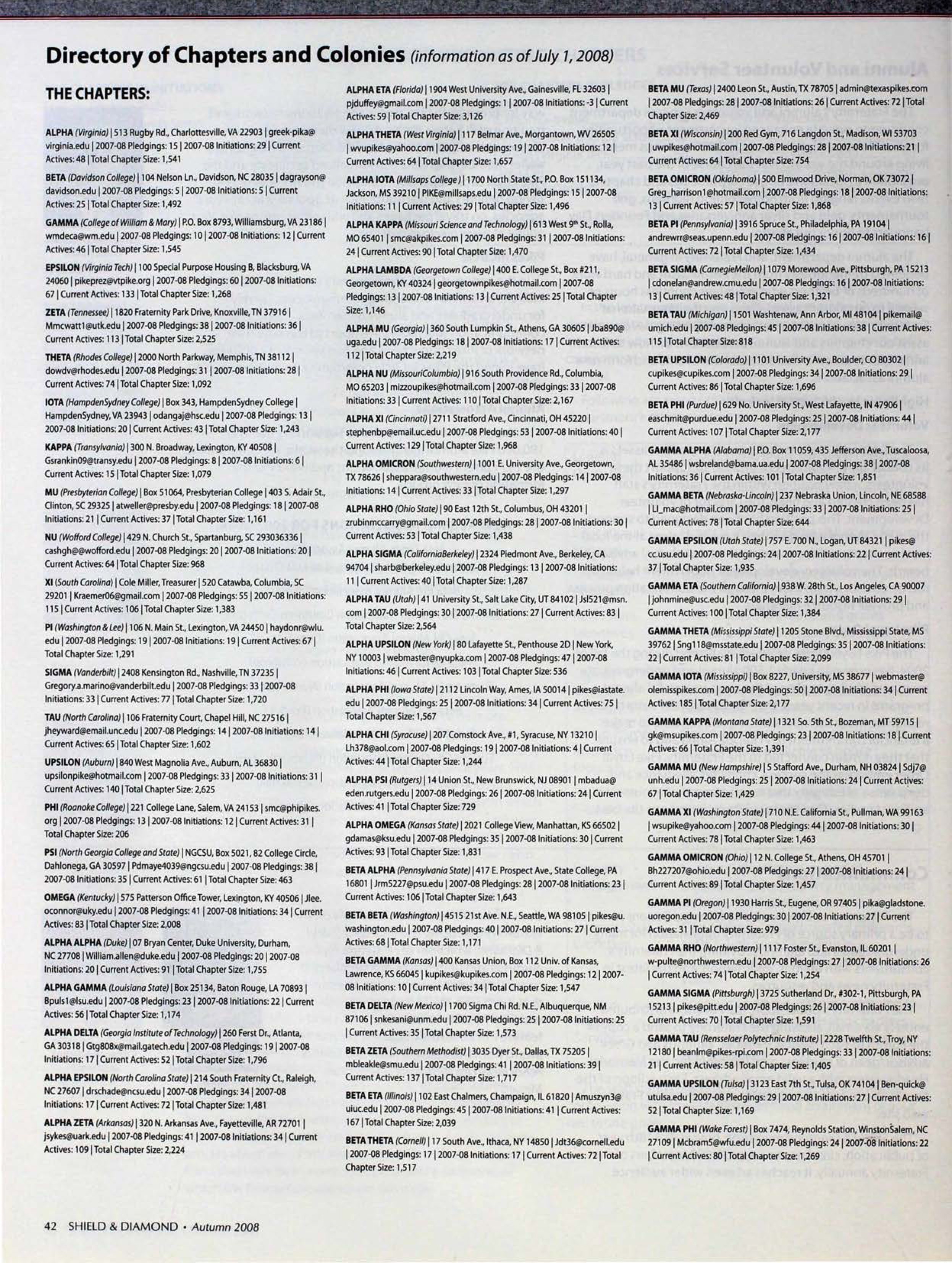 Directory of Chapters and Colonies, Autumn 2008